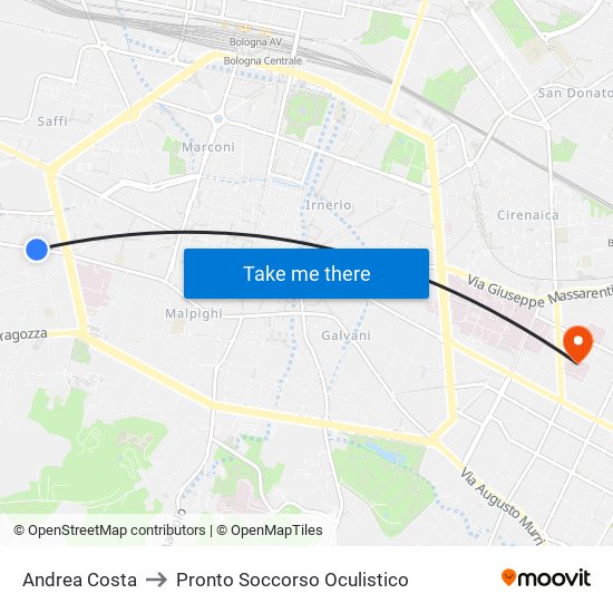 Andrea Costa to Pronto Soccorso Oculistico map