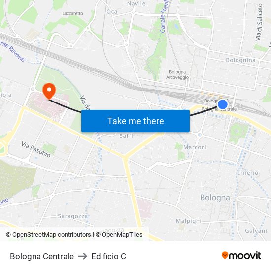 Bologna Centrale to Edificio C map
