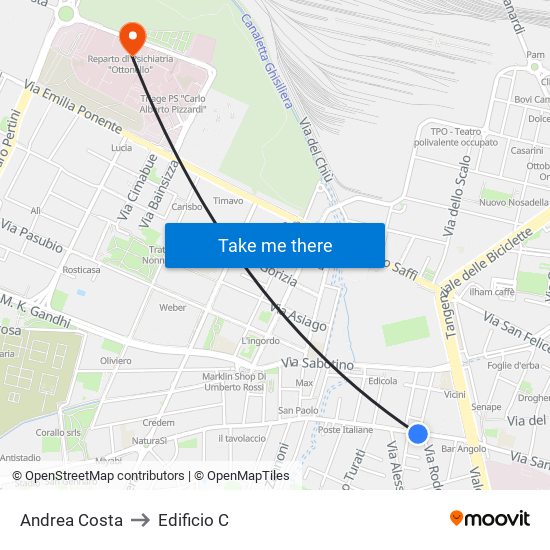 Andrea Costa to Edificio C map