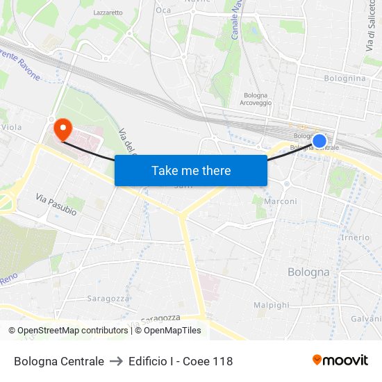 Bologna Centrale to Edificio I - Coee 118 map