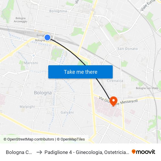 Bologna Centrale to Padiglione 4 - Ginecologia, Ostetricia E Ps Ostetrico map