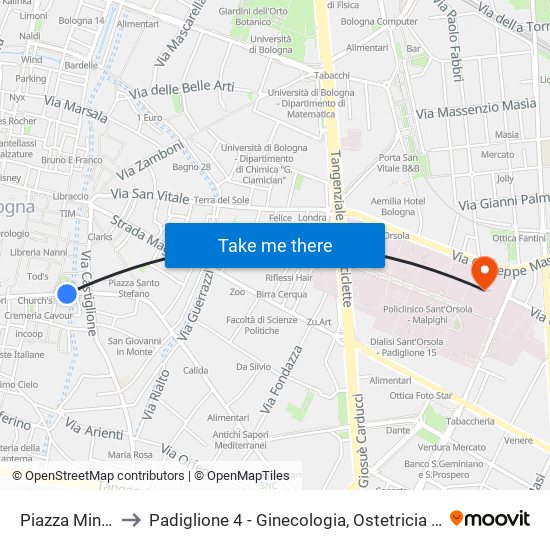 Piazza Minghetti to Padiglione 4 - Ginecologia, Ostetricia E Ps Ostetrico map