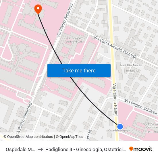 Ospedale Malpighi to Padiglione 4 - Ginecologia, Ostetricia E Ps Ostetrico map