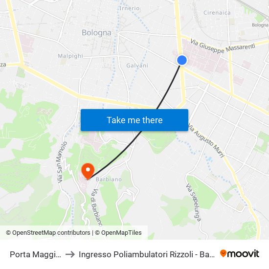 Porta Maggiore to Ingresso Poliambulatori Rizzoli - Barbiano map