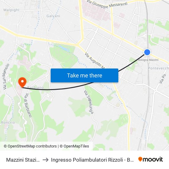 Mazzini Stazione to Ingresso Poliambulatori Rizzoli - Barbiano map