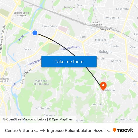 Centro Vittoria - Mast to Ingresso Poliambulatori Rizzoli - Barbiano map