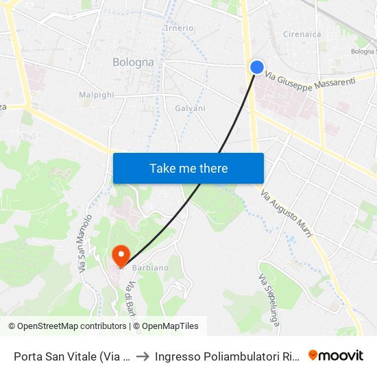 Porta San Vitale (Via Massarenti) to Ingresso Poliambulatori Rizzoli - Barbiano map