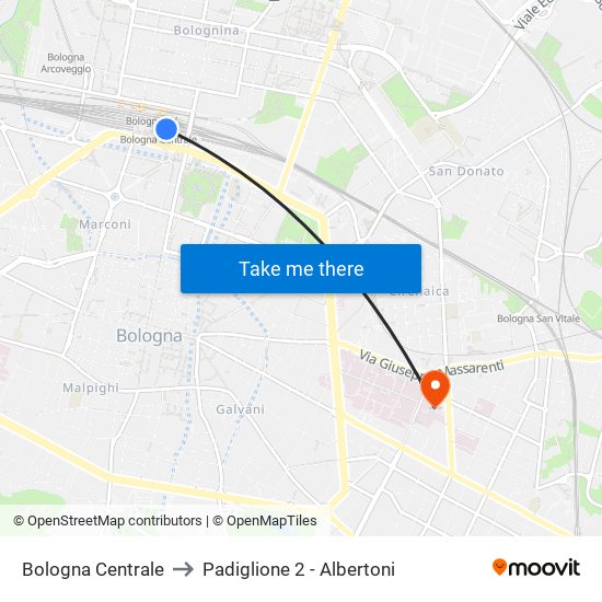 Bologna Centrale to Padiglione 2 - Albertoni map