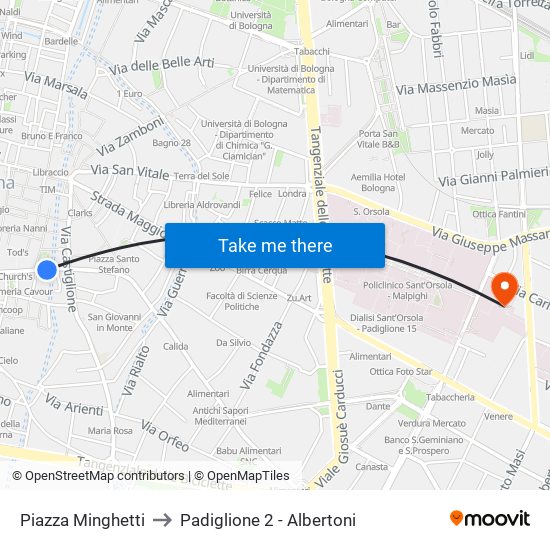 Piazza Minghetti to Padiglione 2 - Albertoni map
