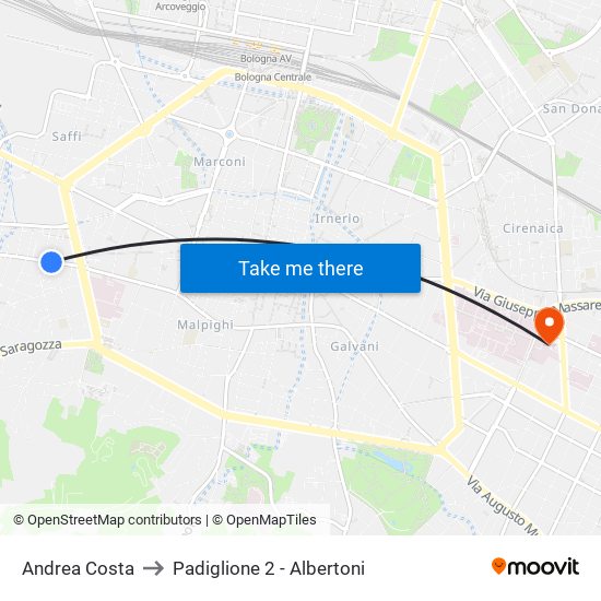 Andrea Costa to Padiglione 2 - Albertoni map
