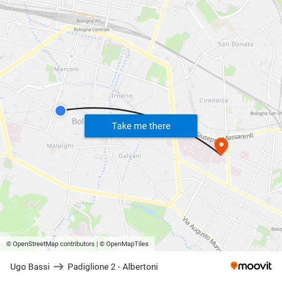 Ugo Bassi to Padiglione 2 - Albertoni map