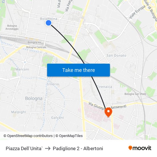 Piazza Dell`Unita` to Padiglione 2 - Albertoni map