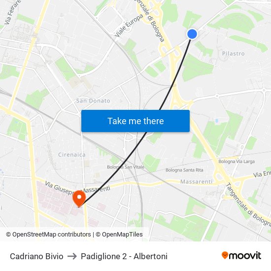Cadriano Bivio to Padiglione 2 - Albertoni map
