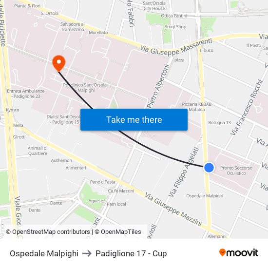 Ospedale Malpighi to Padiglione 17 - Cup map