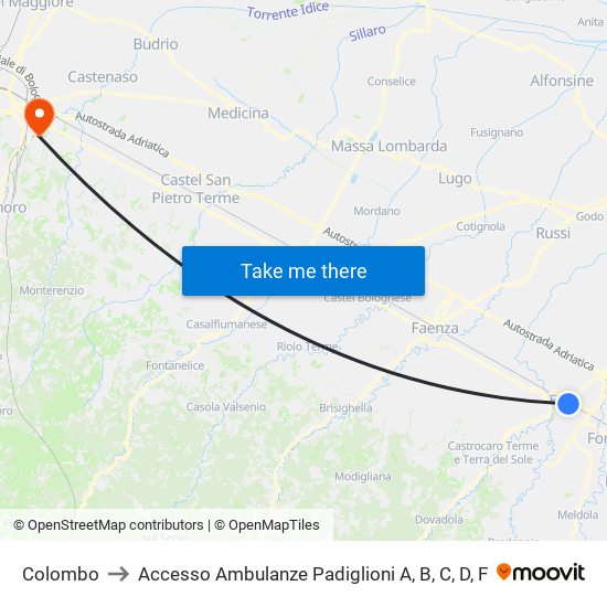 Colombo to Accesso Ambulanze Padiglioni A, B, C, D, F map