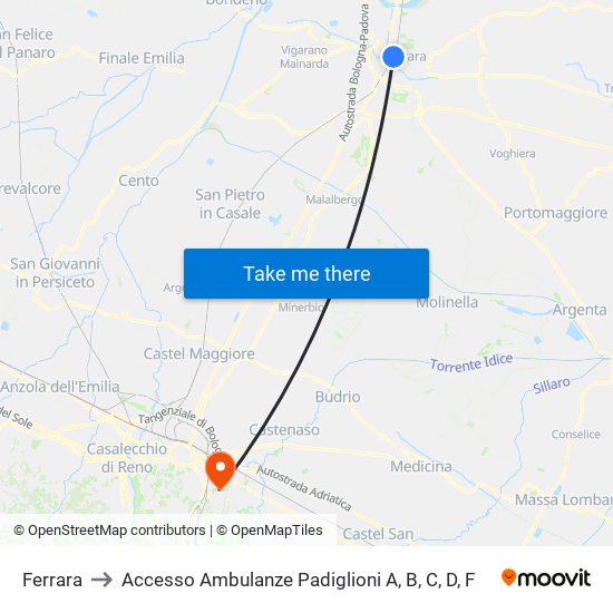 Ferrara to Accesso Ambulanze Padiglioni A, B, C, D, F map