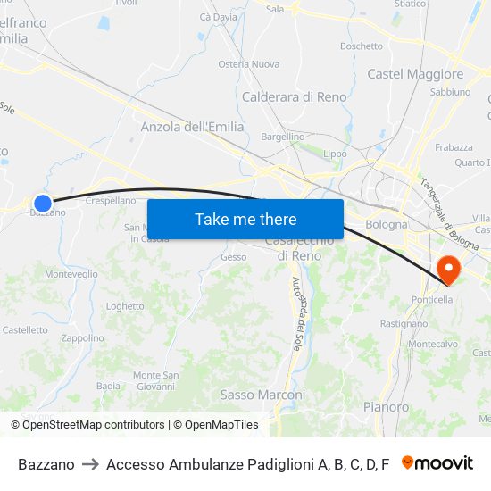 Bazzano to Accesso Ambulanze Padiglioni A, B, C, D, F map