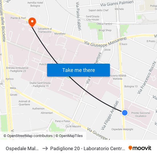 Ospedale Malpighi to Padiglione 20 - Laboratorio Centralizzato map