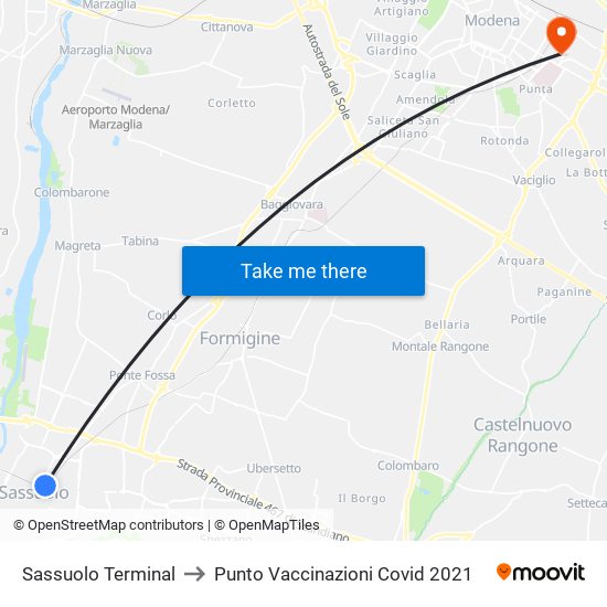 Sassuolo Terminal to Punto Vaccinazioni Covid 2021 map