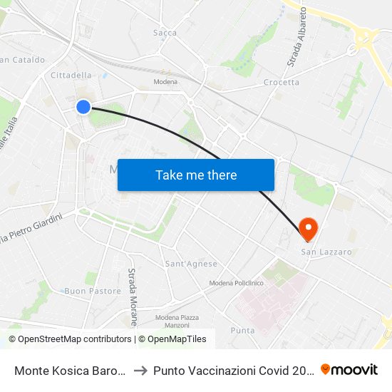 Monte Kosica Barozzi to Punto Vaccinazioni Covid 2021 map