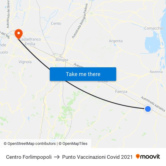 Centro Forlimpopoli to Punto Vaccinazioni Covid 2021 map