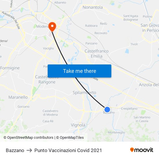 Bazzano to Punto Vaccinazioni Covid 2021 map