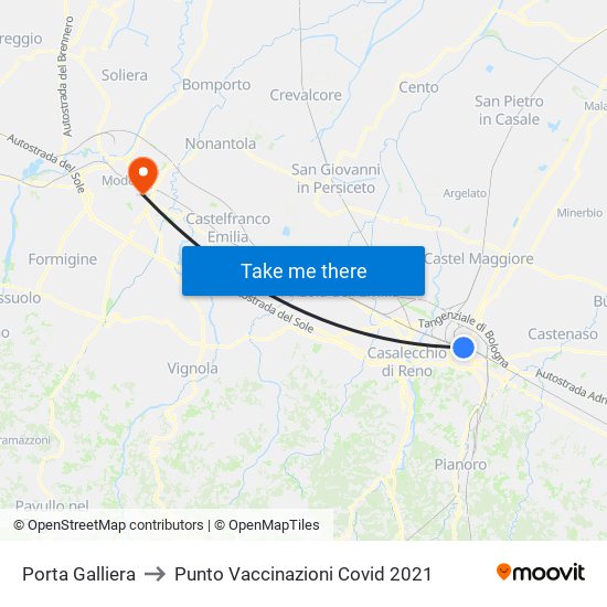 Porta Galliera to Punto Vaccinazioni Covid 2021 map