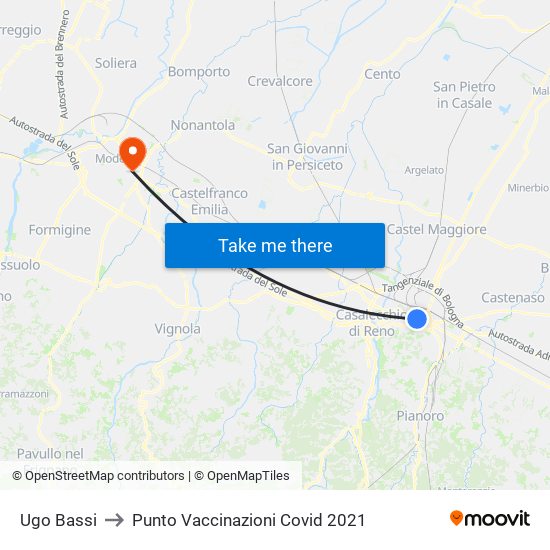 Ugo Bassi to Punto Vaccinazioni Covid 2021 map