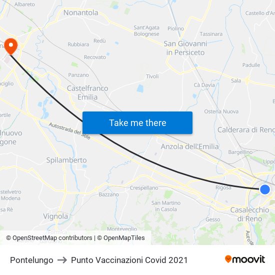 Pontelungo to Punto Vaccinazioni Covid 2021 map