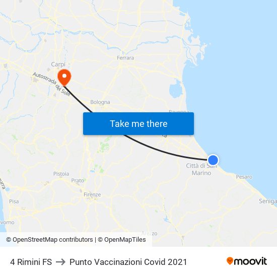 4 Rimini FS to Punto Vaccinazioni Covid 2021 map