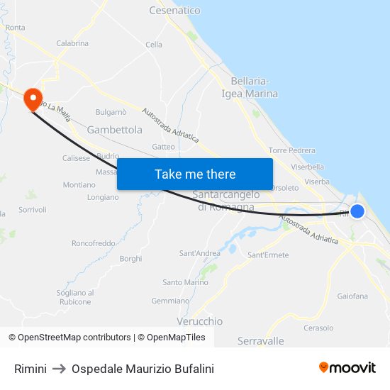 Rimini to Ospedale Maurizio Bufalini map