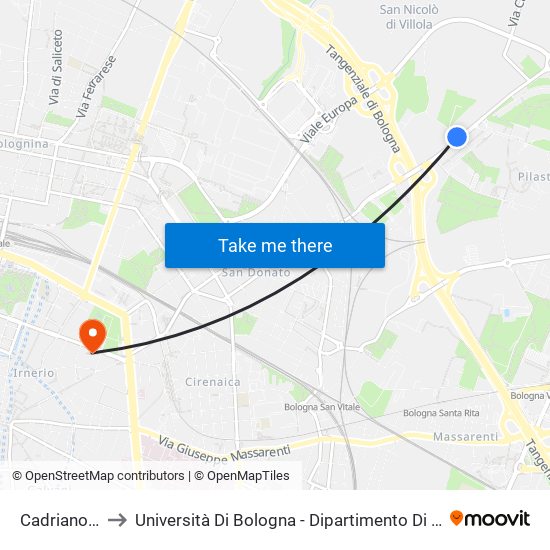 Cadriano Bivio to Università Di Bologna - Dipartimento Di Medicina Legale map