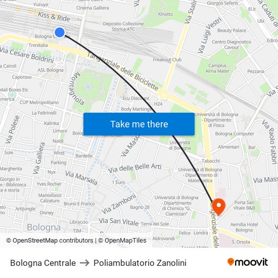 Bologna Centrale to Poliambulatorio Zanolini map