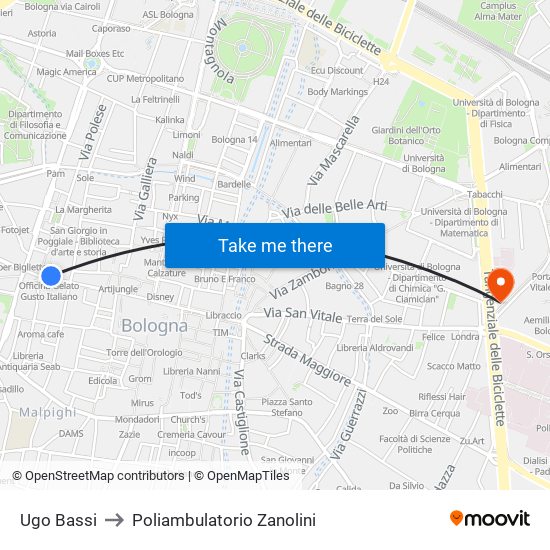 Ugo Bassi to Poliambulatorio Zanolini map