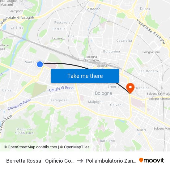 Berretta Rossa - Opificio Golinelli to Poliambulatorio Zanolini map