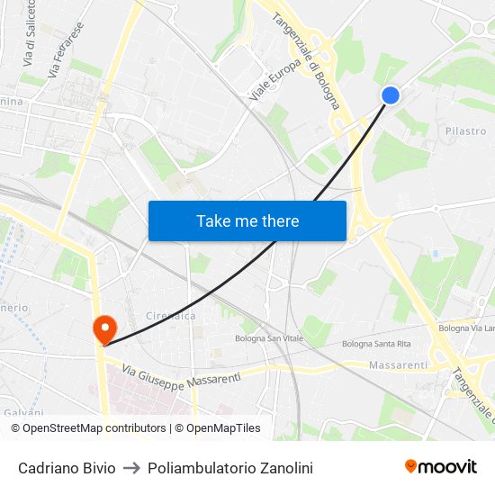 Cadriano Bivio to Poliambulatorio Zanolini map