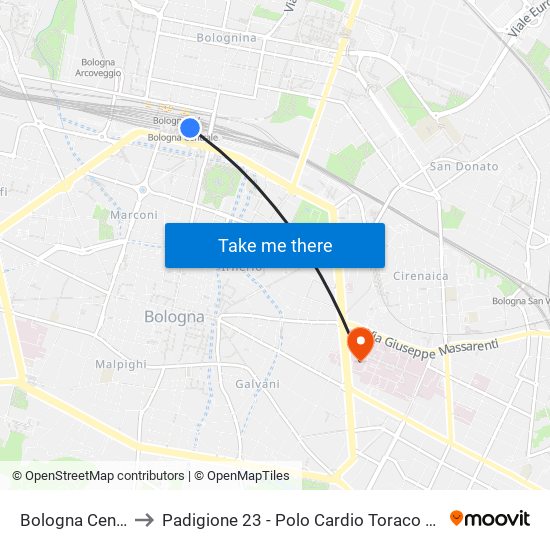 Bologna Centrale to Padigione 23 - Polo Cardio Toraco Vascolare map