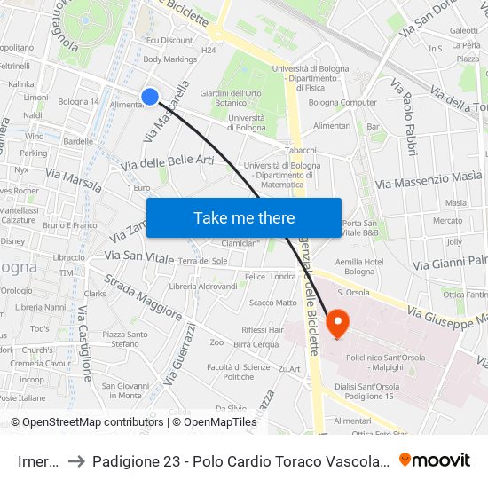 Irnerio to Padigione 23 - Polo Cardio Toraco Vascolare map