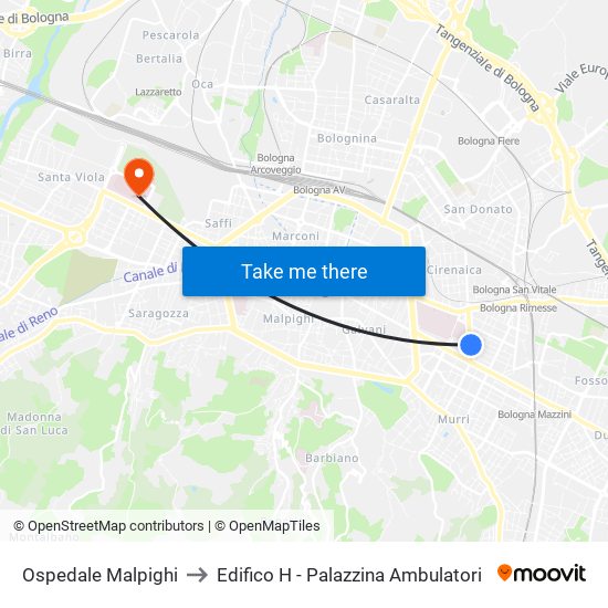 Ospedale Malpighi to Edifico H - Palazzina Ambulatori map