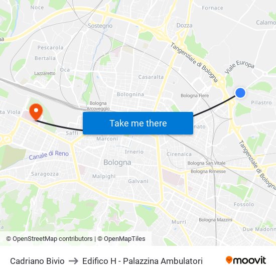 Cadriano Bivio to Edifico H - Palazzina Ambulatori map