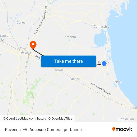 Ravenna to Accesso Camera Iperbarica map