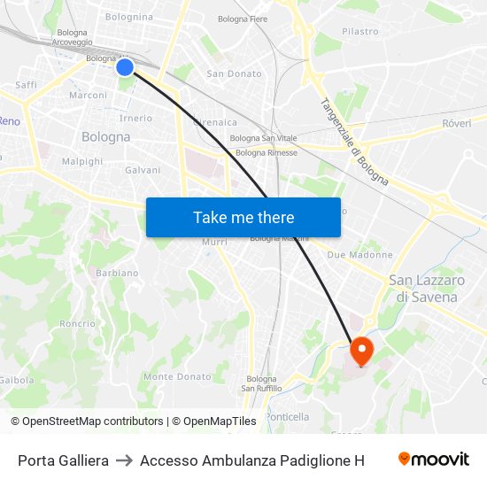 Porta Galliera to Accesso Ambulanza Padiglione H map