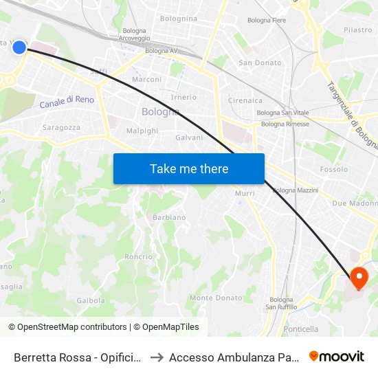 Berretta Rossa - Opificio Golinelli to Accesso Ambulanza Padiglione H map