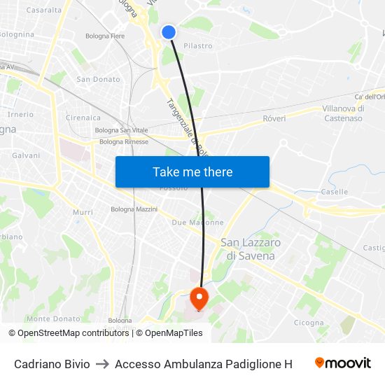 Cadriano Bivio to Accesso Ambulanza Padiglione H map