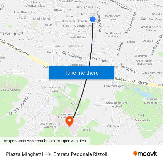 Piazza Minghetti to Entrata Pedonale Rizzoli map