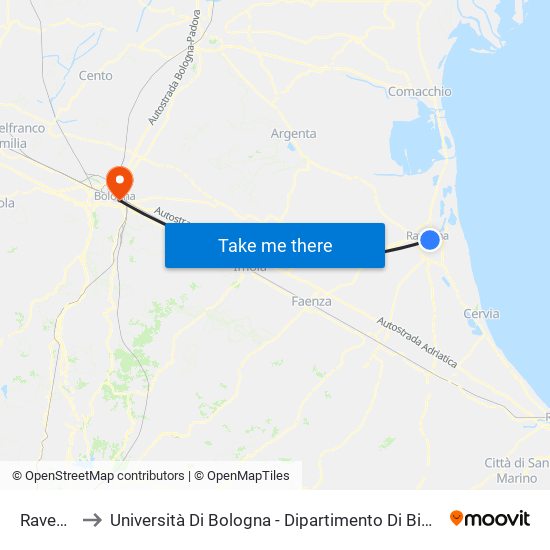 Ravenna to Università Di Bologna - Dipartimento Di Biochimica map