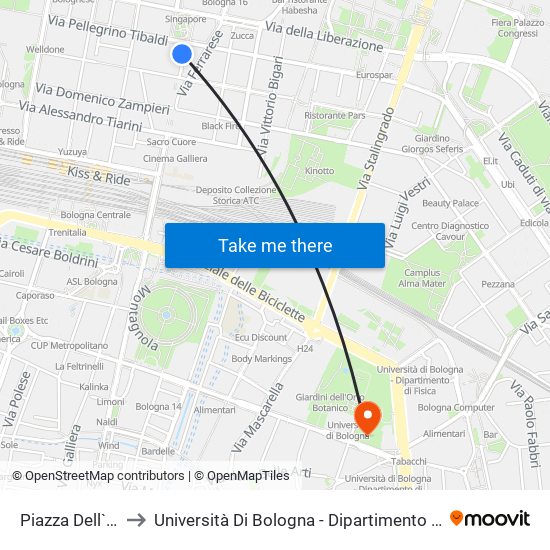 Piazza Dell`Unita` to Università Di Bologna - Dipartimento Di Biochimica map