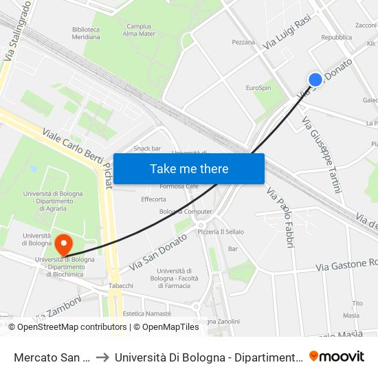 Mercato San Donato to Università Di Bologna - Dipartimento Di Biochimica map