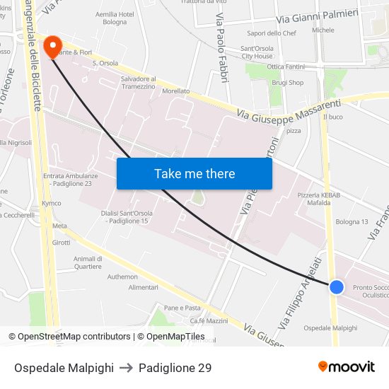 Ospedale Malpighi to Padiglione 29 map