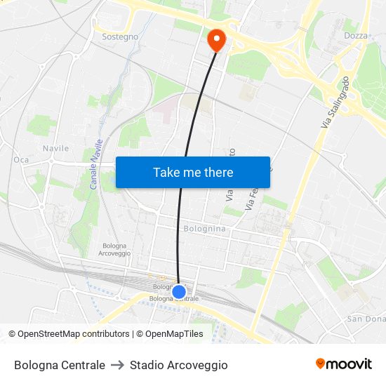 Bologna Centrale to Stadio Arcoveggio map